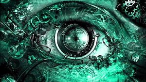 Cyber Steampunk Mechanical Eye with Intricate Gears and Green Neon Glow HD wallpaper