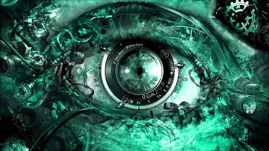 Cyber Steampunk Mechanical Eye with Intricate Gears and Green Neon Glow HD wallpaper