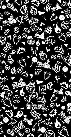 Real Madrid Monochrome Pattern Wallpaper with Club Crests and Trophies HD phone wallpaper