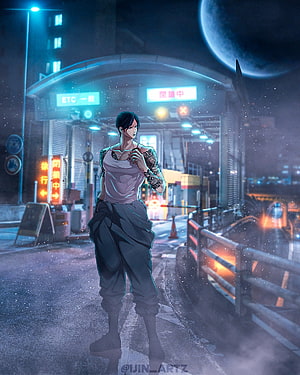 Vasco from Lookism in a Neon-Lit Cyberpunk Cityscape at Night HD phone wallpaper