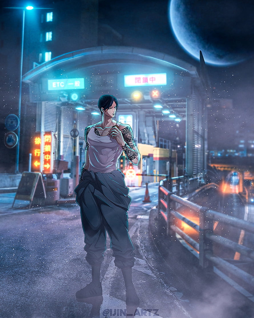 Vasco from Lookism in a Neon-Lit Cyberpunk Cityscape at Night HD phone wallpaper