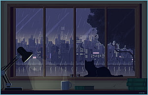 Pixel Art Rainy Night Cityscape View From Window With Cat Silhouette And Desk Lamp HD wallpaper