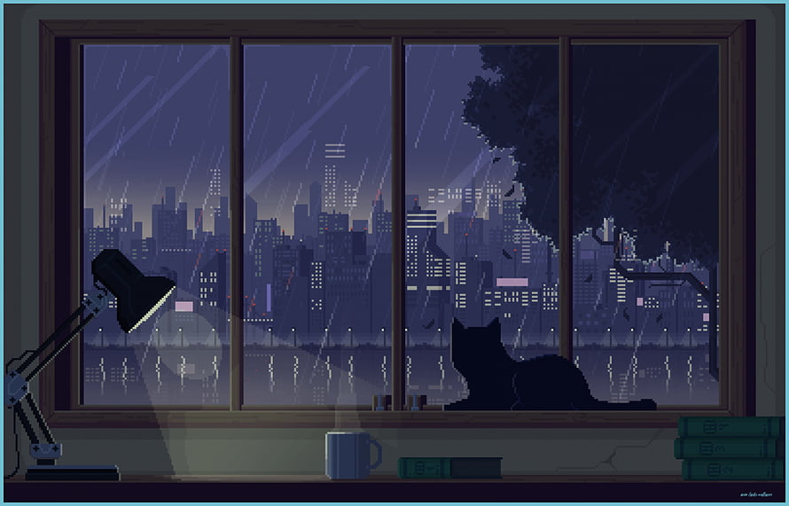 Pixel Art Rainy Night Cityscape View From Window With Cat Silhouette And Desk Lamp HD wallpaper