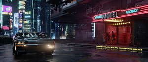 Cyberpunk 2077 No Tell Motel Night Scene with Classic Car and Neon Cityscape HD wallpaper