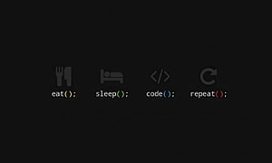 Minimalist Developer Life Cycle with Eat Sleep Code Repeat Function Icons on Dark Background HD wallpaper