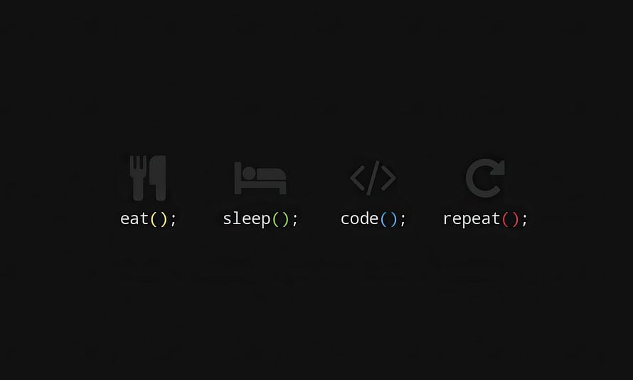 Minimalist Developer Life Cycle with Eat Sleep Code Repeat Function Icons on Dark Background HD wallpaper