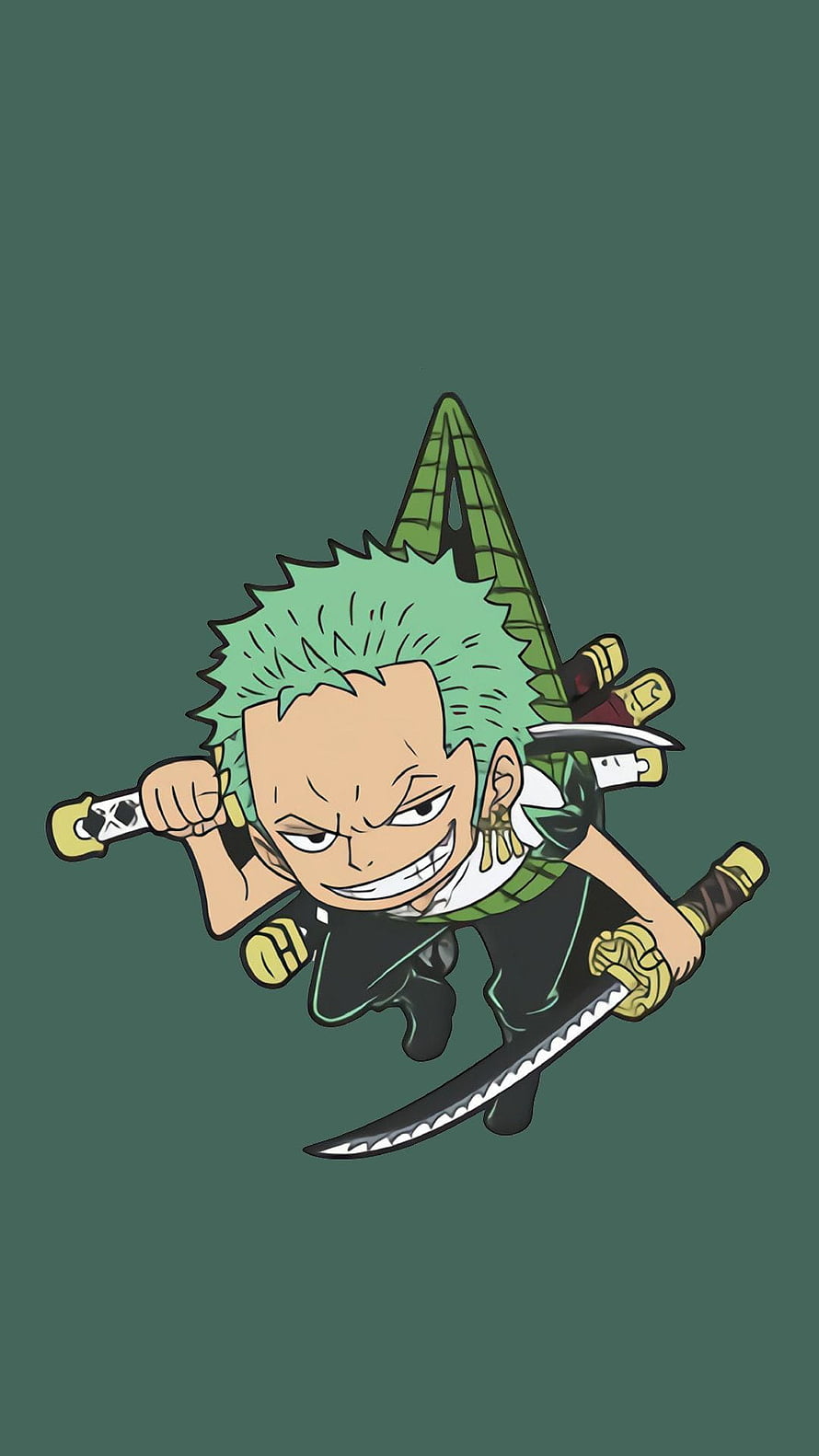 Roronoa Zoro Chibi Illustration with Three Swords on Dark Green Background HD phone wallpaper