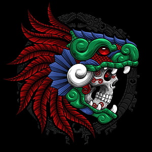 Aztec Warrior Skull with Red Feather Headdress and Jade Mask on Black Background HD phone wallpaper