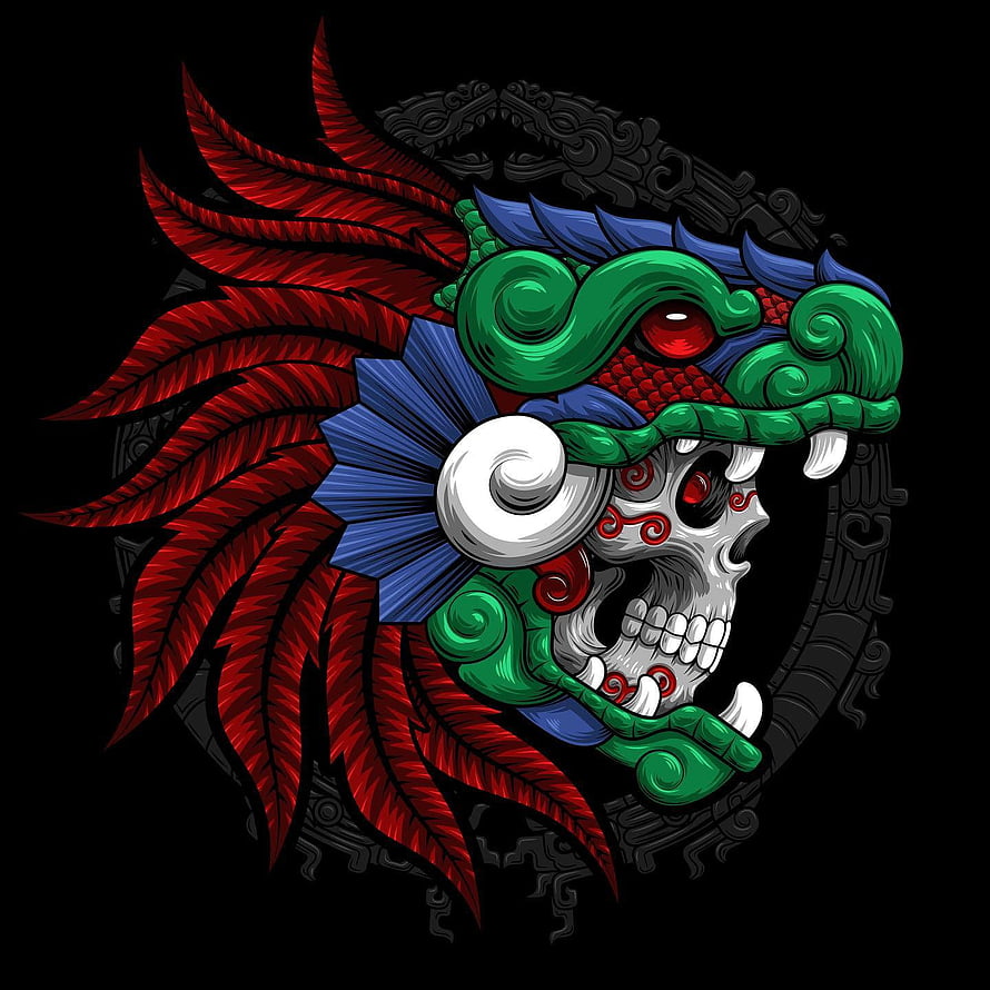 Aztec Warrior Skull with Red Feather Headdress and Jade Mask on Black Background HD phone wallpaper