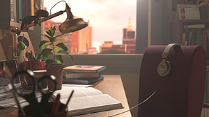 Cozy Lofi Hip Hop Study Room with Desk Lamp, Headphones, and City View HD wallpaper