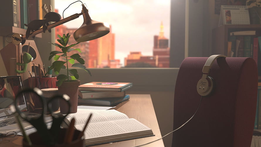 Cozy Lofi Hip Hop Study Room with Desk Lamp, Headphones, and City View HD wallpaper