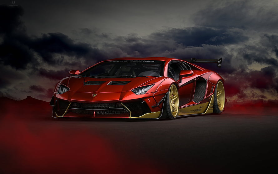 Red Lamborghini Aventador LP700-4 with Gold Wheels Under Dramatic Stormy Sky HD wallpaper