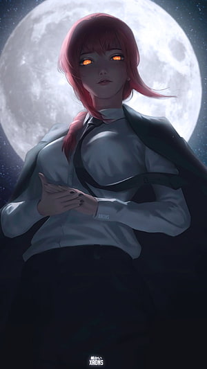 Makima from Chainsaw Man Standing Under a Full Moon with Glowing Eyes, Makima, xaons, waifu, denki, power, waifus, Chainsaw Man, anime HD phone wallpaper