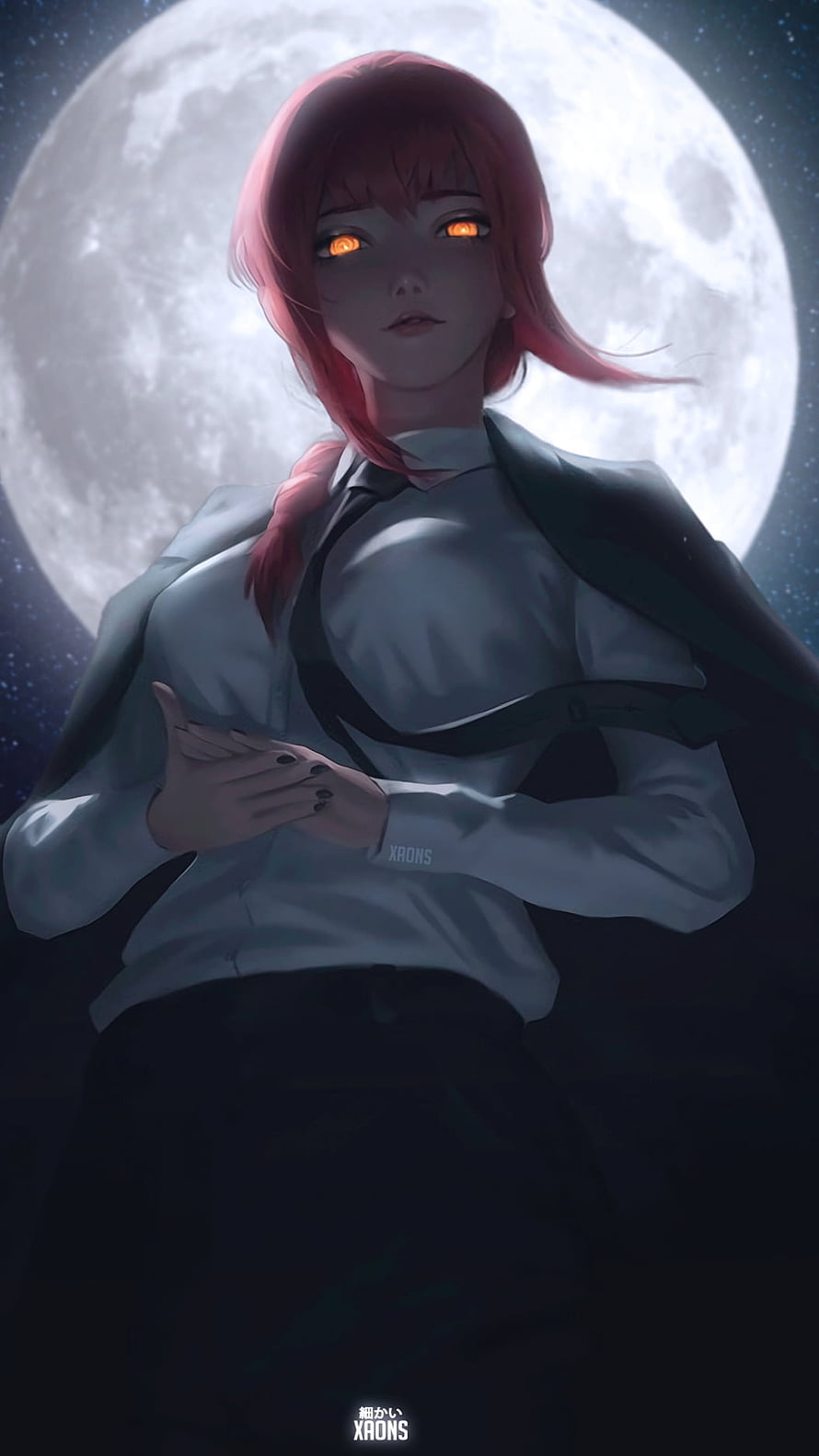 Makima from Chainsaw Man Standing Under a Full Moon with Glowing Eyes HD phone wallpaper