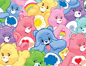 Colorful Care Bears Group Illustration with Belly Badges and Rainbow HD wallpaper