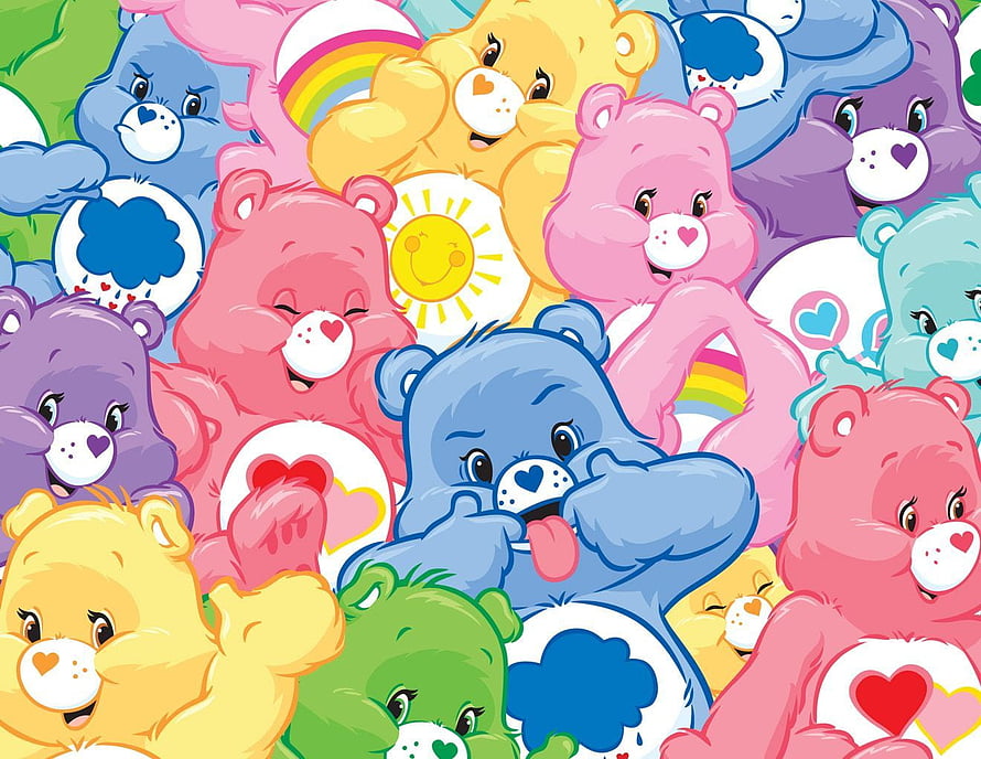Colorful Care Bears Group Illustration with Belly Badges and Rainbow HD wallpaper