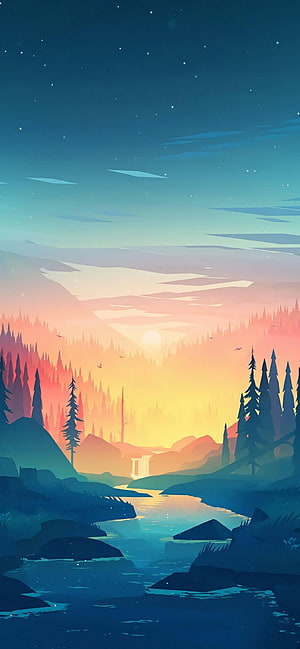 Stylized Digital Illustration of a River Valley at Sunset with Pine Forests and Distant Mountains HD phone wallpaper