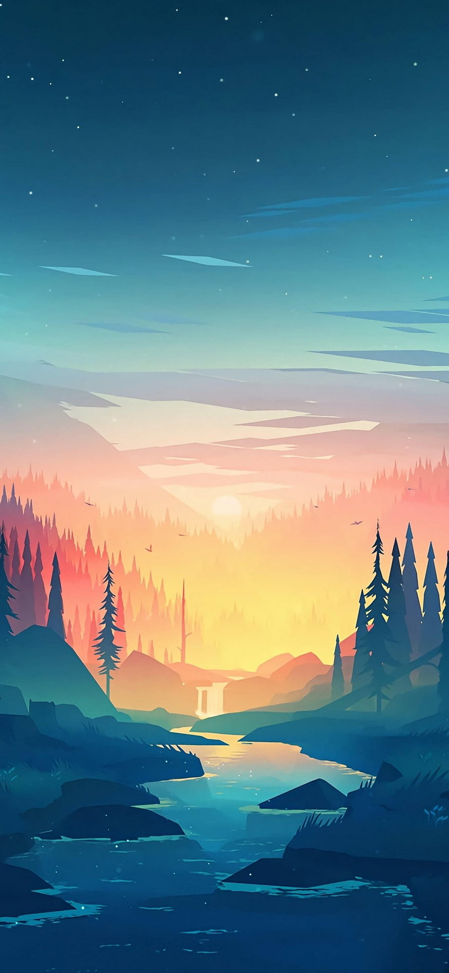 Stylized Digital Illustration of a River Valley at Sunset with Pine Forests and Distant Mountains HD phone wallpaper