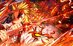 Kyojuro Rengoku Wielding Flame Katana in Intense Demon Slayer Combat HD wallpaper