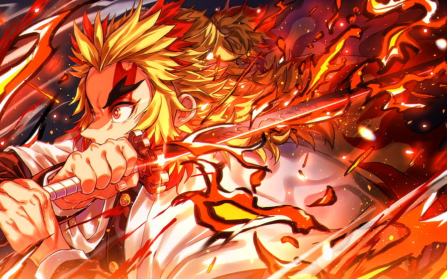 Kyojuro Rengoku Wielding Flame Katana in Intense Demon Slayer Combat HD wallpaper