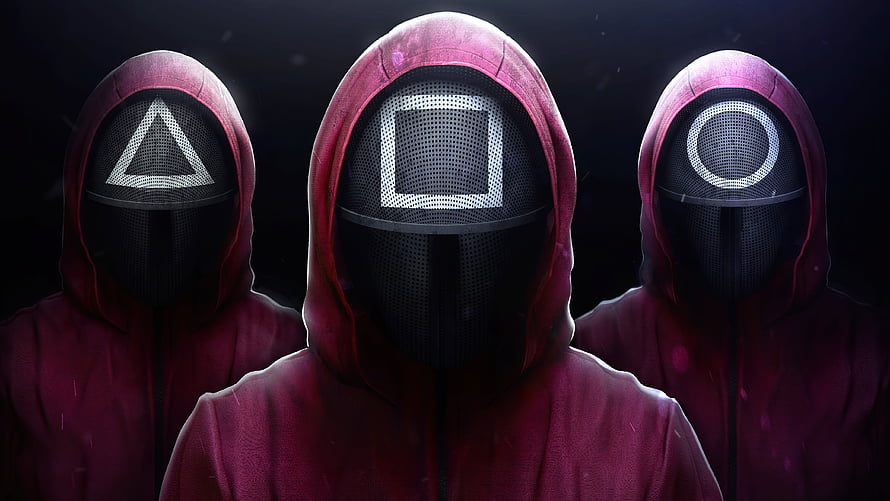 Squid Game Guards in Red Hooded Suits with Geometric Face Masks HD wallpaper