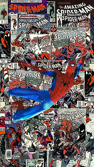 Spider-Man in Dynamic Pose Against a Vintage Comic Book Cover Collage Background HD phone wallpaper