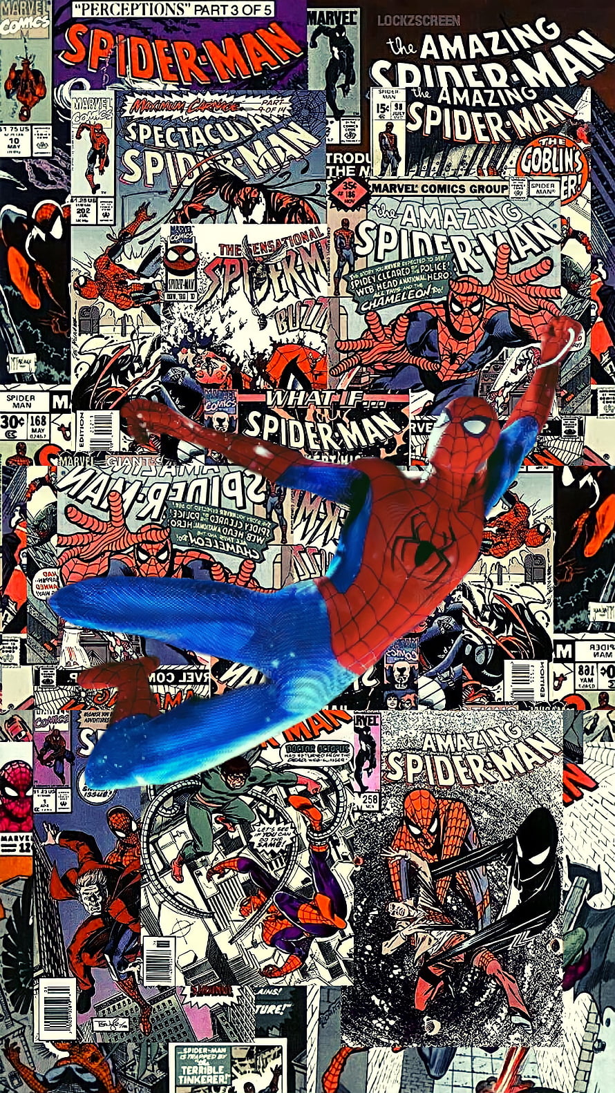 Spider-Man in Dynamic Pose Against a Vintage Comic Book Cover Collage Background HD phone wallpaper