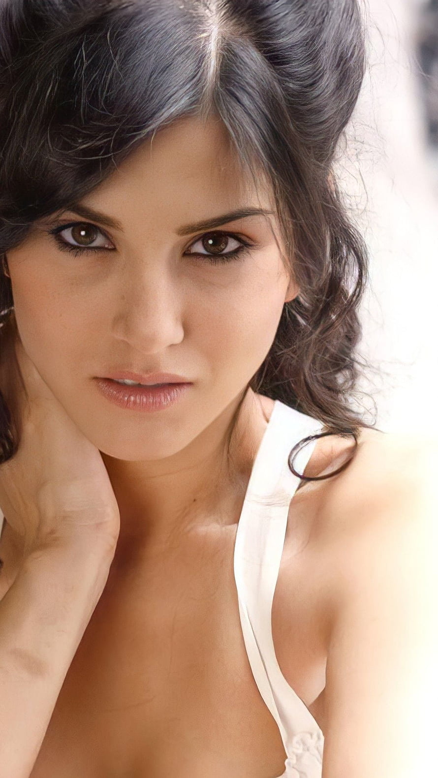 Sunny Leone Close-Up Portrait in White Halter Top HD phone wallpaper