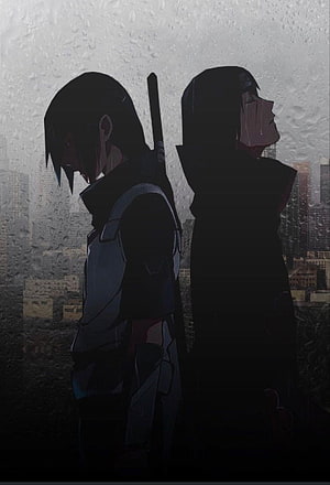 Itachi Uchiha and Shisui Uchiha Silhouettes in Rainy Cityscape HD phone wallpaper
