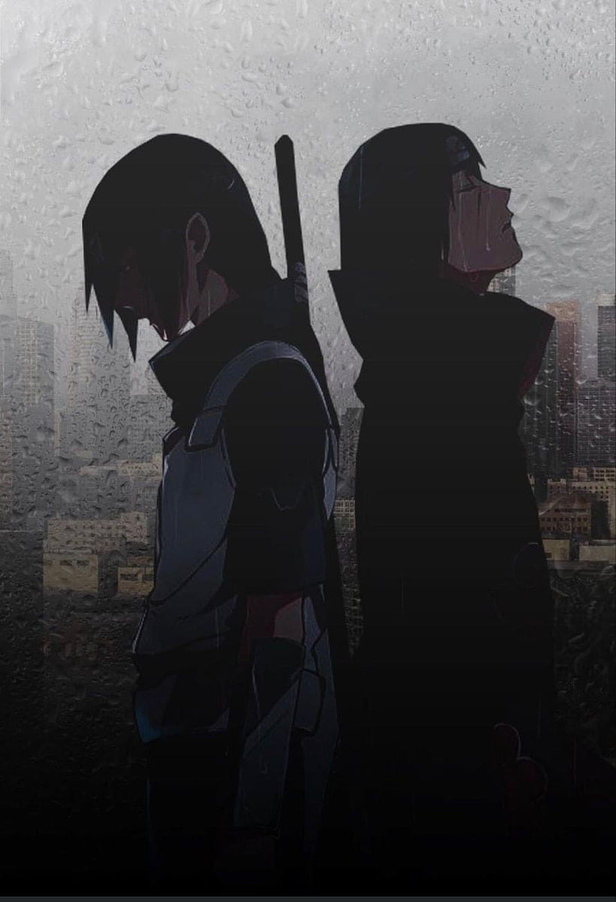 Itachi Uchiha and Shisui Uchiha Silhouettes in Rainy Cityscape HD phone wallpaper