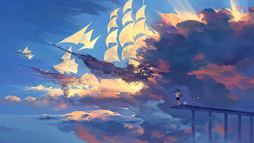Fantasy Airship Sailing Through Sunset Clouds with Small Figure on Platform HD wallpaper