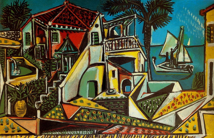 Pablo Picasso Cubist Coastal Village Painting with Sailboat and Mediterranean Houses HD wallpaper