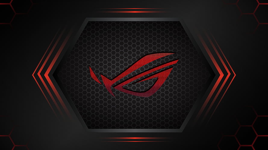 Asus ROG Gaming Logo on Dark Hexagonal Background with Red Accents HD wallpaper