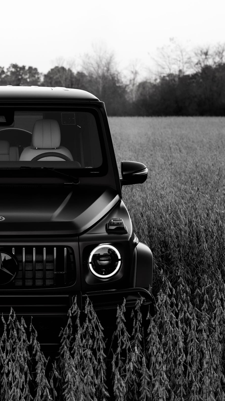 Black Mercedes-Benz G-Class AMG parked in a field with dramatic monochrome lighting HD phone wallpaper