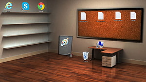 3D Rendered Home Office Interior With Cork Board, Wooden Desk, and Floating Shelves HD wallpaper
