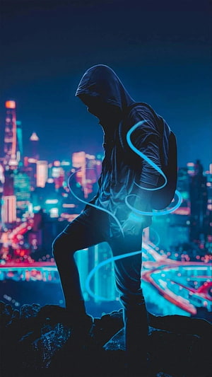 Silhouette of a hooded hacker with glowing neon cables against a futuristic city skyline at night HD phone wallpaper