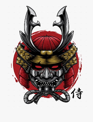 Fierce Samurai Helmet with Demon Mask and Red Sun Background HD phone wallpaper