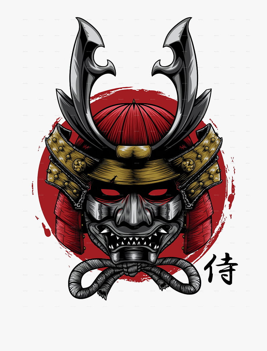 Fierce Samurai Helmet with Demon Mask and Red Sun Background HD phone wallpaper