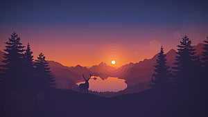Stylized Deer Silhouette at Sunset with Pine Trees and Mountain Lake Landscape HD wallpaper