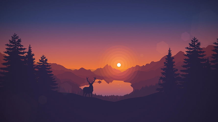 Stylized Deer Silhouette at Sunset with Pine Trees and Mountain Lake Landscape HD wallpaper