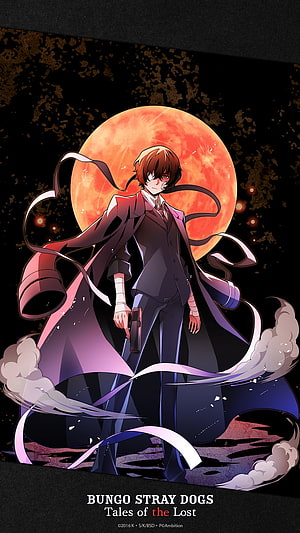 Dazai Osamu from Bungo Stray Dogs standing before a blood moon in a dark suit holding a pistol HD phone wallpaper