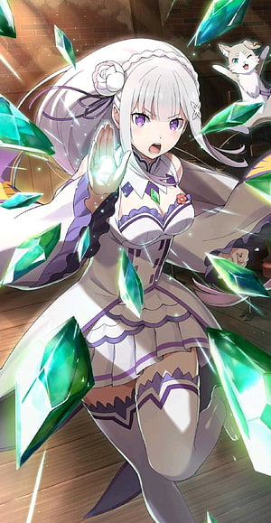 Emilia from Re:Zero Casting Green Crystal Magic in White and Purple Dress HD phone wallpaper