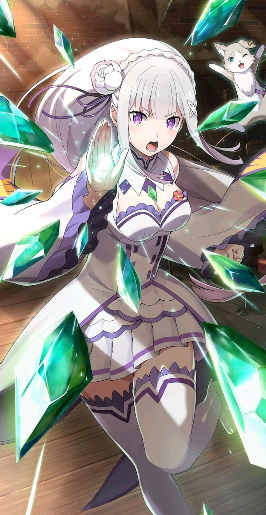 Emilia from Re:Zero Casting Green Crystal Magic in White and Purple Dress HD phone wallpaper