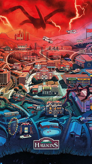 Stranger Things Hawkins Town Map with Demogorgon and Upside Down Sky HD phone wallpaper