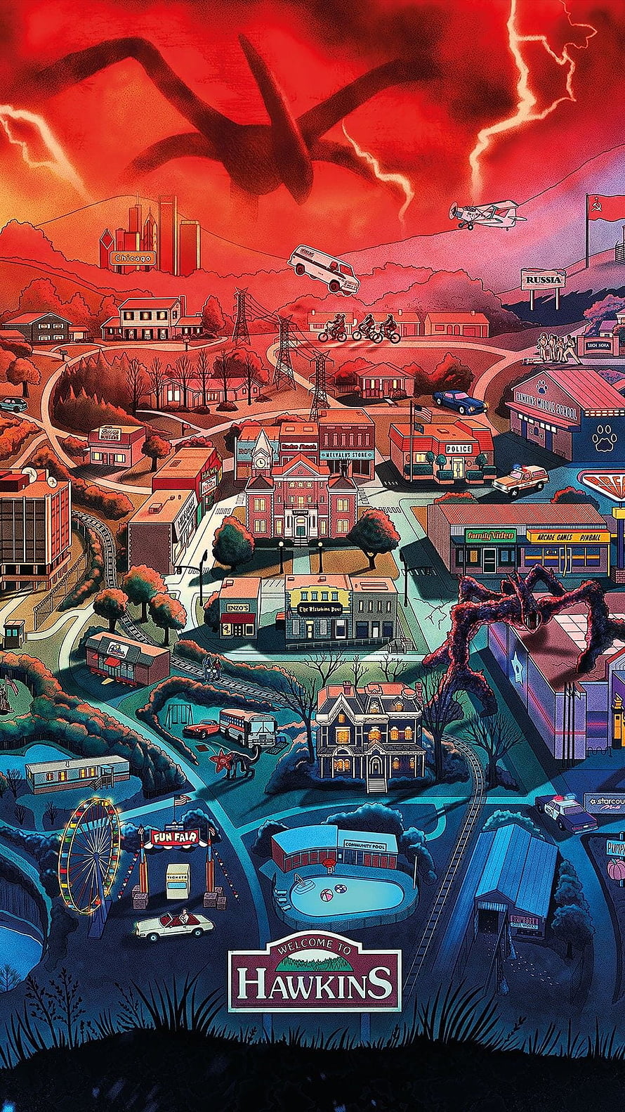 Stranger Things Hawkins Town Map with Demogorgon and Upside Down Sky HD phone wallpaper