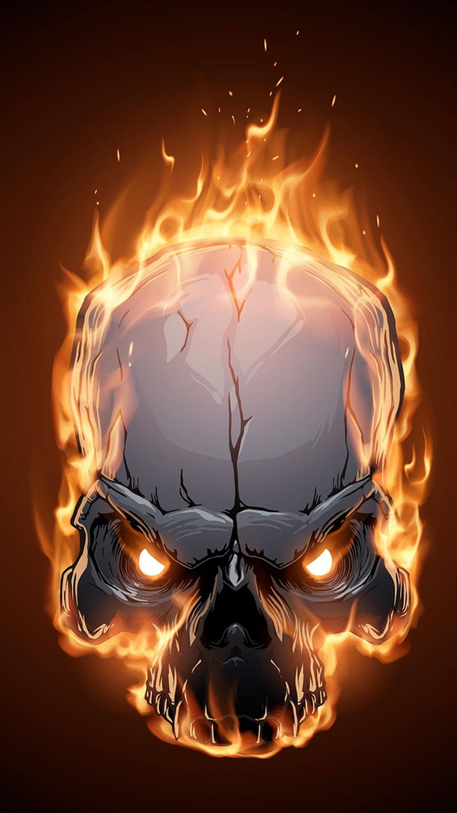 Fierce Burning Skull with Glowing Eyes and Rising Flames on Dark Background HD phone wallpaper