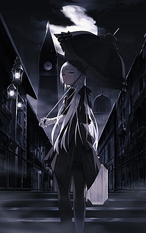 Gothic Anime Girl with Black Parasol in Moonlit European Street HD phone wallpaper