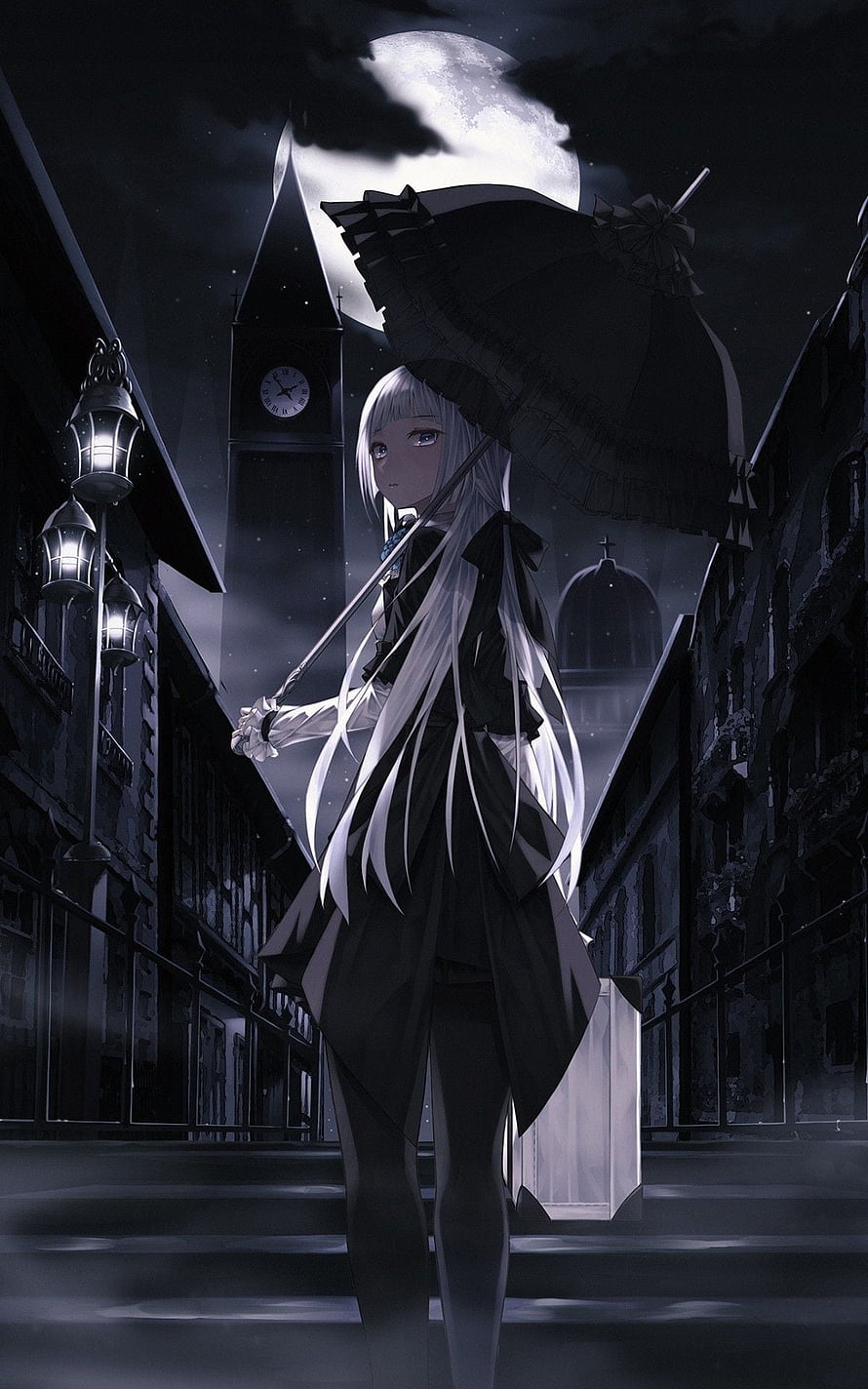 Gothic Anime Girl with Black Parasol in Moonlit European Street HD phone wallpaper