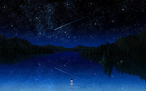 Anime Girl Standing in Starlit Lake Under Meteor Shower Night Sky HD wallpaper