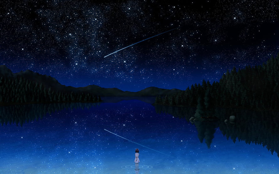 Anime Girl Standing in Starlit Lake Under Meteor Shower Night Sky HD wallpaper